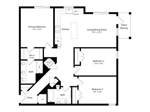 Floor plan for 3 beds, 2 baths, 1366 sqft